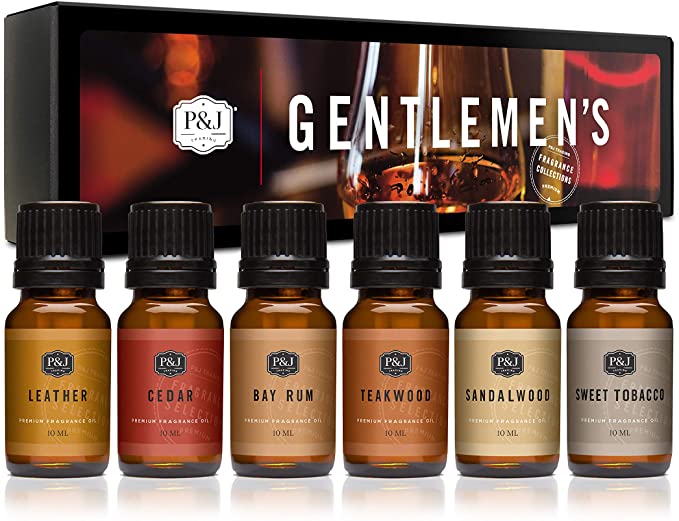 Gentlemen's Set of 6 Premium Grade Fragrance Oils - Leather, Sweet Tobacco, Teakwood, Bay Rum, Cedar, Sandalwood