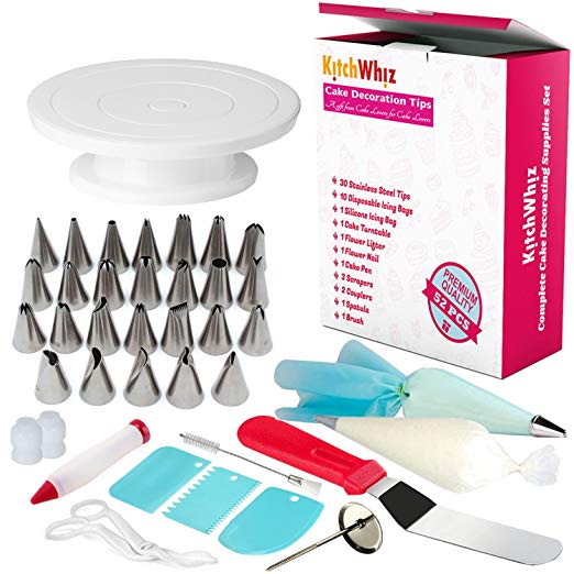 Cake Decorating Supplies with Cake Turntable 52 pcs Complete Baking Supplies Set include 30 tips Icing Smoother comb Spatula silicone & disposable pastry bag coupler flower lifter & nailbrush cake pen