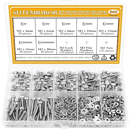 565 Pieces M3 Screws Nuts Washers Set, Sutemribor M3 x 4/6/8/10/12/16/20mm Hex Socket Head Cap Screws Nuts Washers Assortment Kit, 304 Stainless Steel, Fully Threaded