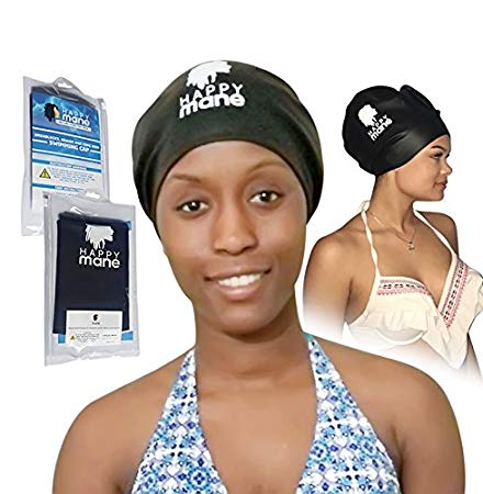 Happy Mane Premium Large Silicone Swimming Cap for Long Hair Dreadlocks, Braids, Weave on, Hair extension, Tick Afro
