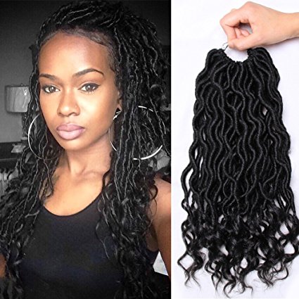 6Pcs/Lot Goddess Locs with Curly Ends Crochet Twist Soft Synthetic Braiding Hair Extension 24 Roots (14inch(6-PACKS), #1B)