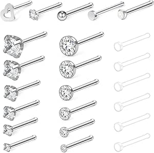 Ruifan 18G Nose Bone Studs Rings Pin Piercing Jewelry 1.5mm-4mm Clear Diamond CZ Ball Flat Heart Opal 4-23PCS