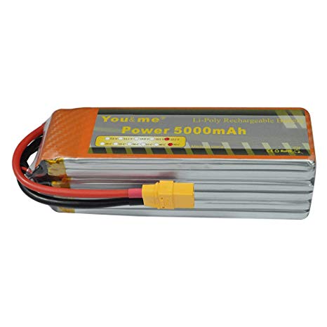Youme 5000mAh 22.2v 50C 6s Lipo Battery Pack for RC Quadcopter Airplane Helicopter Car Truck 500 600 Helicopter (XT90 Plug)