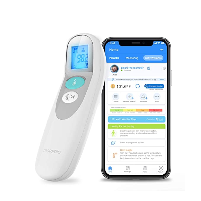 Motorola MBP75SN Care  Non-Contact Smart Forehead & Liquid Baby Thermometer - Digital Handheld Clinical Device for Kids & Adults - Touchless Quick & Accurate Temperature Reader - Large LCD Display