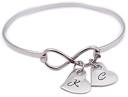 Infinity Monogram Heart Bangle Bracelet - Personalized Mother Jewelry - Hand Stamped