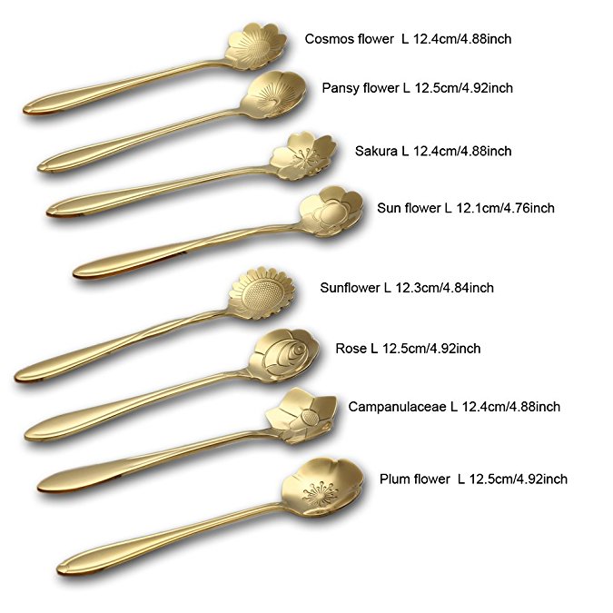 Wenkoni Stainless Steel Creative Spoon for Coffee Tea Cake Sugar Dessert Ice Cream Spoon (Set of 8.Color:Gold)