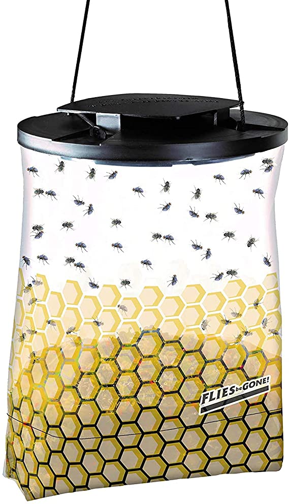 Flies Be Gone Fly Trap - Best Disposable Non Toxic Fly Traps Outdoor Hanging Made in USA - With Natural Attractant Refill for Patios, Ranches. Easy to Use Fly Catcher - Keeps Flies from Coming Indoors