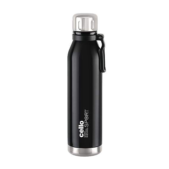 Cello Bentley Insulated Flask | Hot and Cold Stainless Steel Water Bottle | Double Walled Carry Flask for Travel, Home, Office, School | 800 ml, Black