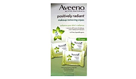 Aveeno Active Naturals Positively Radiant Facial Cleanser Makeup Removing Wipes, 25 ct (Pack of 3)