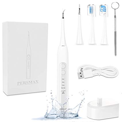 PERSMAX Electric Dental Calculus Remover, Sonic Tooth Tartar Scraper Cleaning Tools with 4 Replaceable Clean Heads, 4 Adjustable Modes, Dental Picks Mirror, USB Charger, White