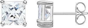 Amazon Essentials Plated Sterling Silver Cubic Zirconia Stud Earrings (Round & Princess)