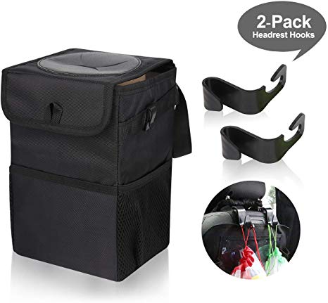 Car Trash Can - Garbage Bag with Lid Waterproof Leakproof No Smell Foldable 2 Gals Portable Rubbish Litter Bin with Storage Pockets Headrest Hook for Console/Headrest/Car Door/Glove Box