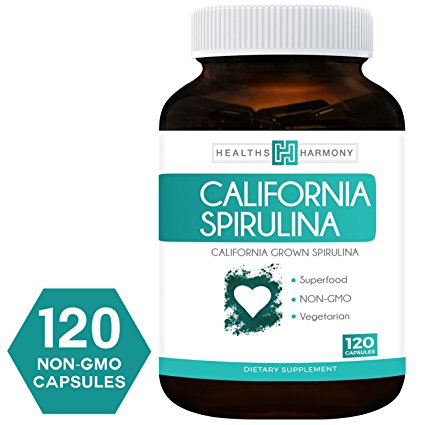 California Spirulina Capsules (NON-GMO) 120 Vegetarian Capsules 500mg - Blue Green Algae Superfood from Spirulina Powder - Grown in California - Gluten Free & Non-irradiated - No Tablets