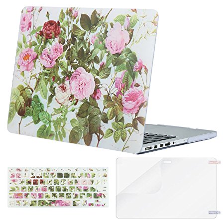 Mosiso Plastic Pattern Hard Case with Keyboard Cover with Screen Protector Only for MacBook Pro Retina 13 Inch No CD-Rom (A1502/A1425, Version 2015/2014/2013/end 2012), Pink Blooming Peony with Leaves