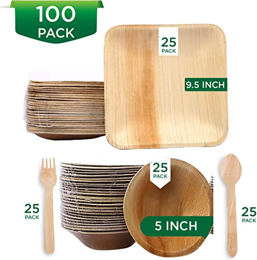 Raj Disposable Palm Leaf Plates [100-Pack] 25 x 9.5" Square Plates with 25 x 5" Bowls, 25 Forks, 25 Spoons Strong and Reusable Party Plates - Decorative Compostable Tableware for Lunch Dinner Birthday