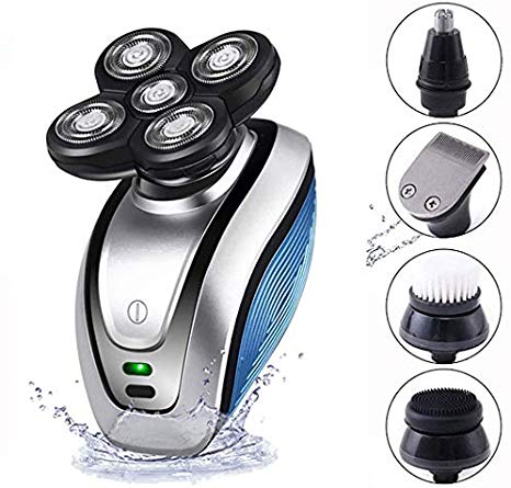Bald Head Shaver, 5 in 1 USB Rechargeable IPX6 Waterproof 5D Rotary Shaver Trimmer Grooming Kit with 5 Floating Head,Nose Hair Trimmer Facial Electric Shaver Razor for Men - Wet and Dry Dual Use