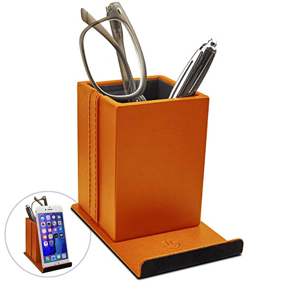 Optix 55 Elegant Glasses Holder – Premium Orange Faux Leather, Soft Velvet Cushion Lining, Non Skid Felt Bottom - Desktop Phone Stand and Multipurpose Organizer for Eyewear, Pens and Office Supplies