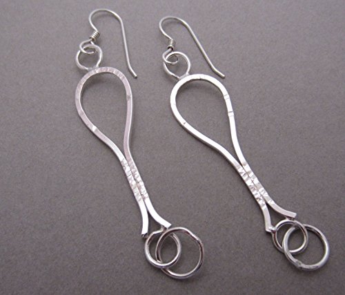 Large 16 gauge sterling silver stirrup earrings with hoop dangle 3" long. Hammered square wire Argentium Sterling silver drop earrings. Ready to ship. Artisan made.