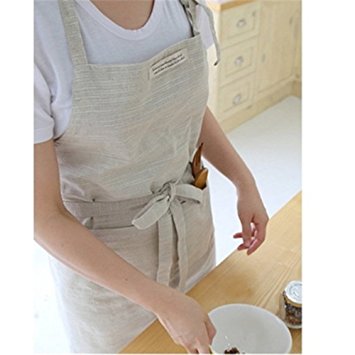 Katoot@ Japanese Style Cross-front Smock Natural Linen Apron-natural Washing Color (Beige)