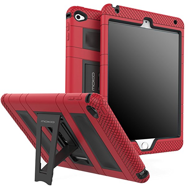 MoKo iPad Mini 4 Case - Silicone   Black Hard Polycarbonate Protector Cover Case with Foldable Stand & Built-in Screen Protector / Bumpers for Apple iPad Mini 4 2015 Tablet, RED