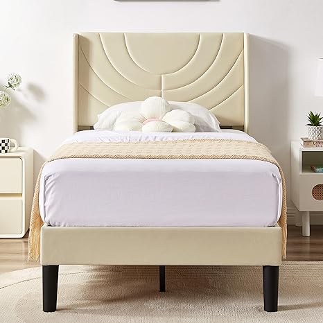 VECELO Twin Size Upholstered Platform Bed Frame with Fabric Headboard,Wooden Slats Support/No Box Spring Needed/Mattress Foundation,Beige