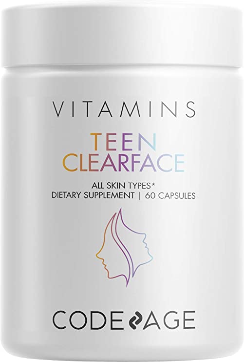 Teen Clearface Adolescent Face, Skin & Pimples, Vitamins A, C, D3, E, Pantothenic Acid, Niacin, Zinc Supplement for Teenagers, Probiotics, L-Lysine, Omega-3, Oily Skin, Pores, Spots - 60 Capsules