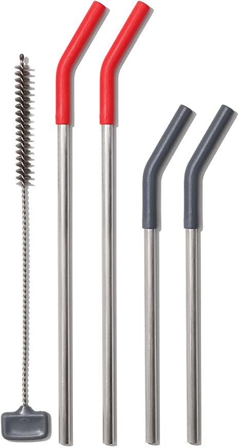 OXO Good Grips Stainless Steel 5 Piece Reusable Straw Set - Red/Gray