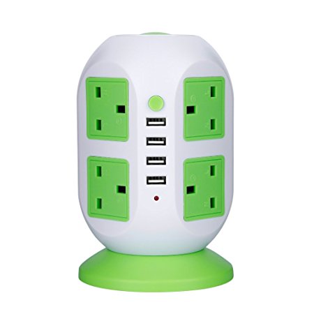 LESHP Vertical Power Strip with 4 USB Charging Ports Station 8 Way Outlet LESHP with Overload Protection and 2M/5.56ft Extension Lead (Green)