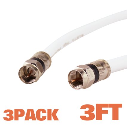 (3 PACK) FOWOD RG6 TV White Coaxial Cable, 3 Feet, with F-Male Connectors, Double Shielded, High Performance, Indoor and Outdoor Use, for Terrestrial, Cable and Satellite Television, Lifetime Warranty