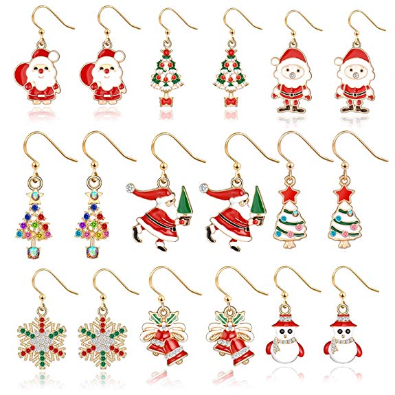 Christmas Drop Dangle Earrings Jewelry Set for Thanksgiving Womens Girls Kids Including Christmas Snowman Snowflake Abduct Deer Gift box Sock Santa Claus Christmas Tree Bell Earrings