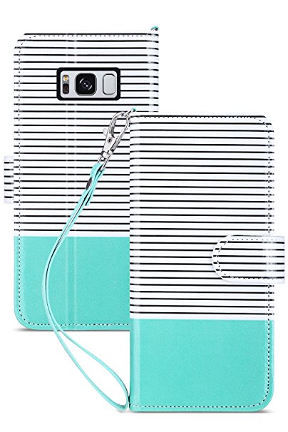 Galaxy s8 plus Case, ULAK Galaxy S8 Plus Wallet Case with kickstand for Women Card Holder ID Slot Hand Strap Shockproof Full Protective PU Leather Cover(Minimal Mint Stripes)