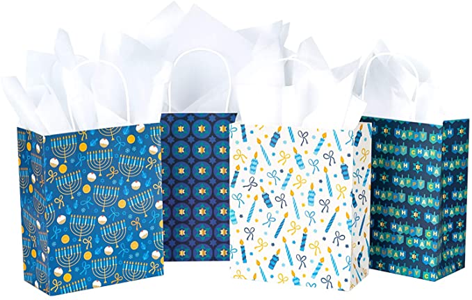WRAPAHOLIC Medium Size Gift Bags - 12 Pack Hanukkah Designs Paper Bags with White Tissue Paper for Chanukah, Party, Celebrating - 8" x 4" x 10"