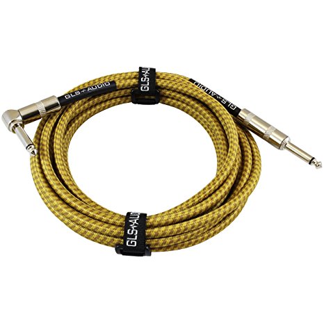 GLS Audio 15 Foot Guitar Instrument Cable - Right Angle 1/4-Inch TS to Straight 1/4-Inch TS 15 FT Brown Yellow Tweed Cloth Jacket - 15 Feet Pro Cord 15' Phono 6.3mm - SINGLE