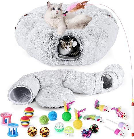 Cat Tunnel Bed with Soft Central Cat Couch and 20 Cat Toys, Big Tube Pet Tunnels with Hanging Balls, Cat Donut Tunnel and Variety Kitty Toy Set for Chewing Playing Indoor