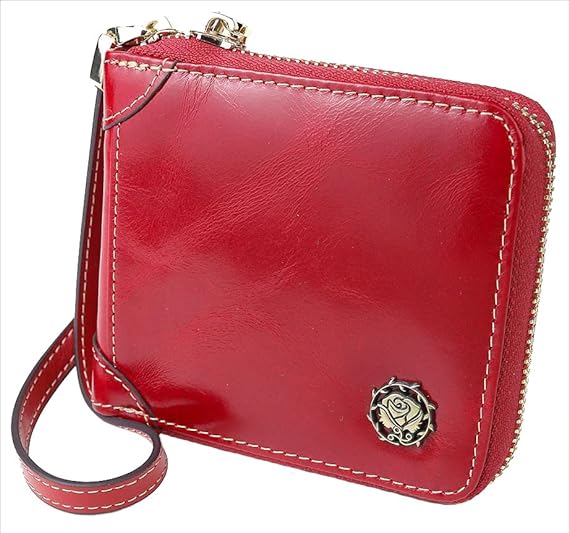 UMODE Small Wallet for Women Genuine Leather Zippered RFID Blocking Card Holder Slim Compact Ladies Bifold Purse with Wristlet, Red, Minimalist
