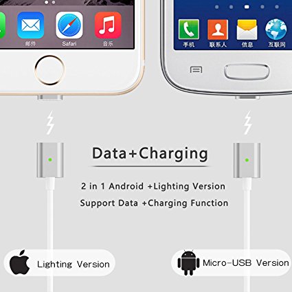 Magnetic Charging Cable,2 in 1 Magnetic Charger Cable Adapter for Android Micro USB and Lightning Apple iPhone 7 6 6s Plus iPad Mini Pro Galaxy S7 Edge S6 Note 5 HTC MOTO Nexus Huawei