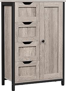 Yaheetech Industrial Bathroom Floor Cabinet with 4 Drawers, Freestanding Storage Cabinet with Single Door and Adjustable Shelves for Living Room, Entryway, Grey