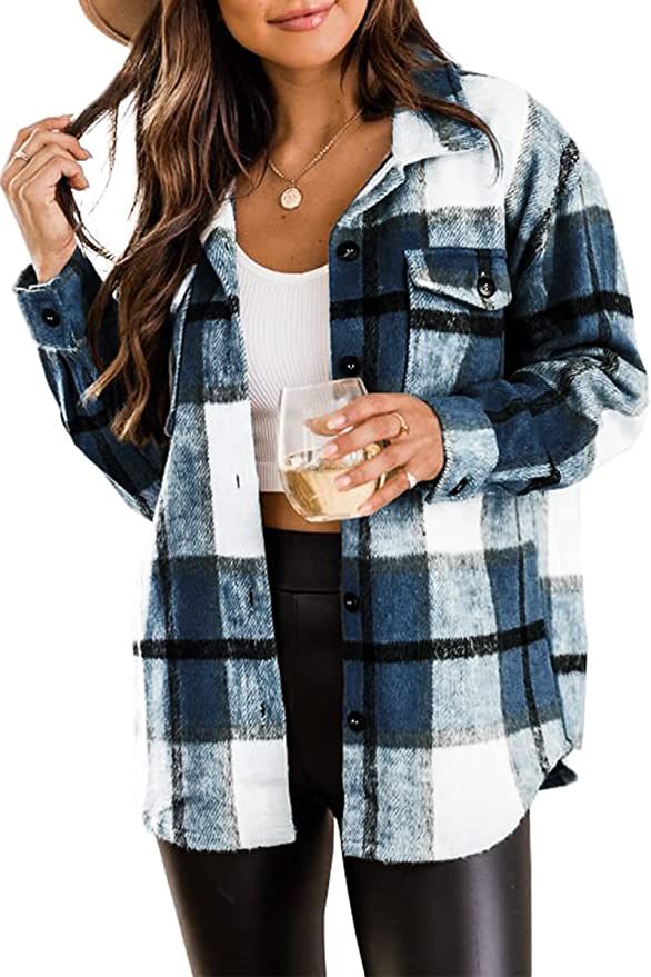 Blansdi Women’s Casual Plaid Flannel Shacket Jacket Oversized Button Down Long Sleeve Fall Shirt Jacket Coat Tops