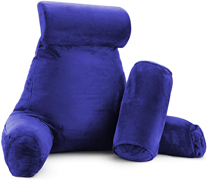 Reading Pillow, Extra Large Back Pillow, Backrest Pillows for Bed with Arms, Shredded Memory Foam Back Pillows for Sitting in Bed,   2 Neck Roll & Lumbar Back Support Pillow, Blue (Royal Blue)