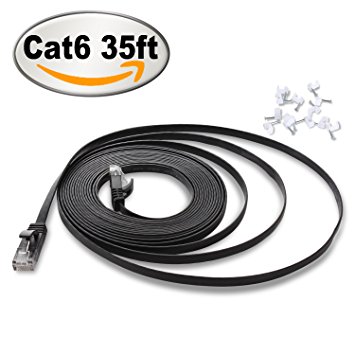 Ethernet Cable Cat6 Flat 35 ft with Cable Clips, jadaol Network Patch Cable with Rj45 Connectors - 35 Feet Black (10 Meters)
