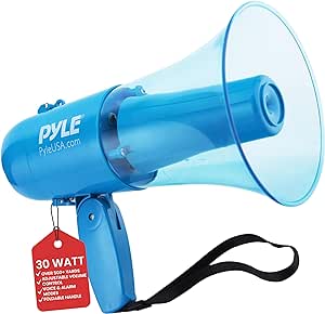 Pyle 30W Water Proof Megaphone Siren Bullhorn Speaker, Battery Portable Bullhorn for Indoor & Outdoor Use, 500 Square Yards Range,4 C Batteries Needed Record Siren/Music (Transparent Blue)