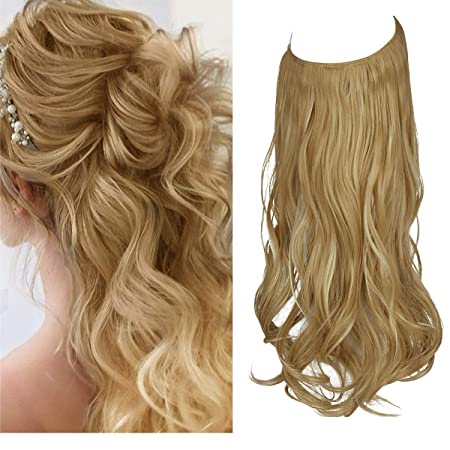 KOODER Blonde Hair Extension Curly Long Synthetic Hairpieces for Women 18 Inch 4.2 Oz Invisible Headband Wire Heat Friendly Fiber No Clip (18H613 Dirty Blonde)