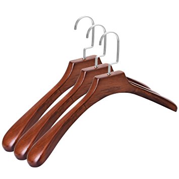 High-grade Solid Wooden Wide Shoulder Coat Hanger, Retro Wood Clothes Hangers, Natural Finish & Pearl Nickel Polished Hook for Winter Heavy Coat and jacket, Sweater, and Suit, 3-pack