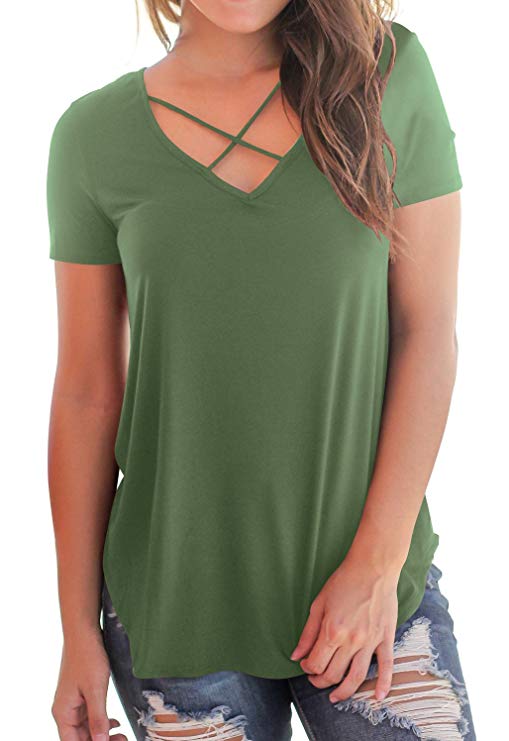 NIASHOT Women's Casual Short Sleeve Solid Criss Cross Front V-Neck T-Shirt Tops