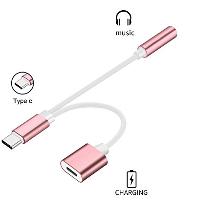 2 in 1 Type C to 3.5mm Headphone Jack Adapter, Sprtjoy USB C to 3.5mm Female Aux Audio Jack Stereo Earphone Connector Cable for Motorola Moto Z (Rose Gold)