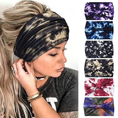 Yeshan Wide Headbands for Women Non Slip Boho Headbands Elastic Tie dye Headbands Yoga Workout Sweat Bands Running Sport Hair Bands ,Pack of 6