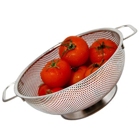 Colander - Stainless Steel with Handles - Micro Perforated Fine Mesh Strainer with Solid, Large Stable Base - Deep Bowl - Perfect for Washing, Rinsing, Draining Pasta, Vegetables, Fruit & Rice