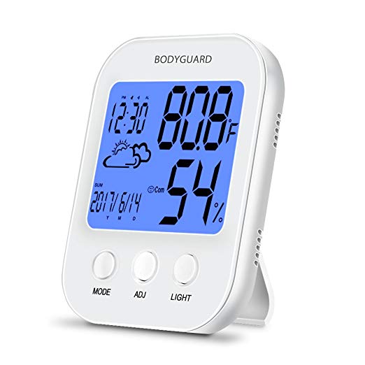 Bodyguard Digital Hygrometer Indoor Thermometer, Humidity Monitor Humidity Gauge with Clock & Blue Backlight & Calendar & Weather Forecast(Battery Included)