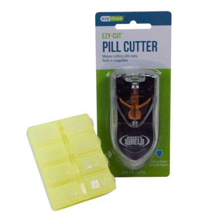 Ezy-Cut Pill Cutter with Built-in Magnifier - Comes with Yellow 8 Compartment Pill Box (Cutter Color Varies)
