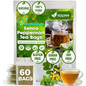 60 Tea Bags Relieves Constipation Natural Tea, Blend of Senna Leaves - Peppermint - Licorice - Fennel, 100% Natural Ingrendients, Hand-made Herbal Tea, No Sugar, No Caffeine, No Gluten, Vegan.